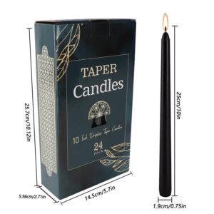 Black Taper Candles - Set of 24 Dripless Candles - 10 inch Tall, 3/4 inch Thick - 7.5 Hour Clean Burning