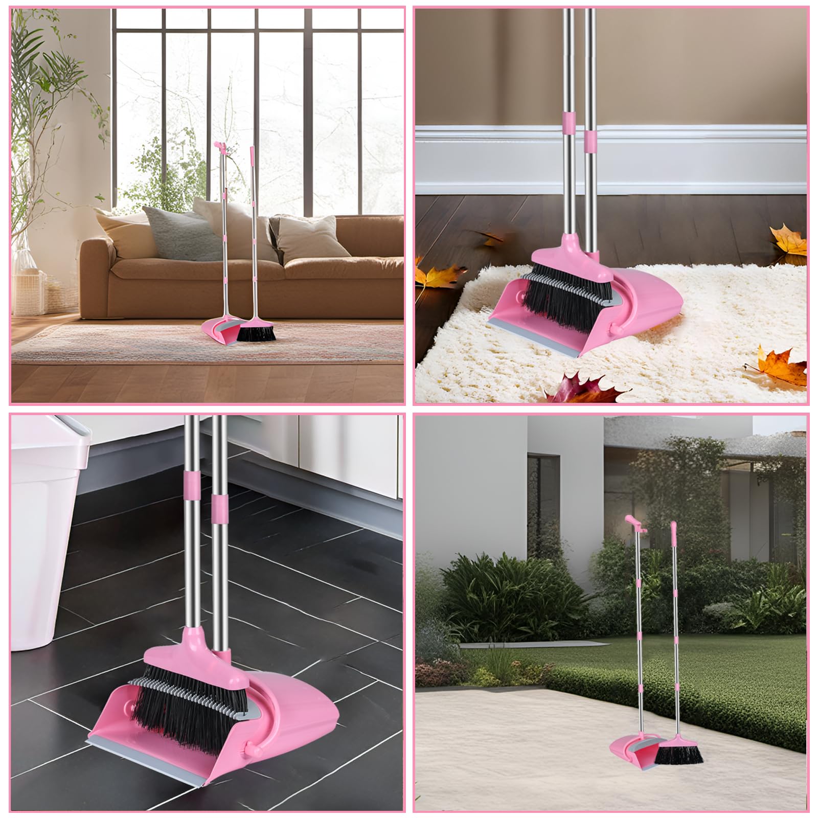 Pink Broom and Dustpan Set, Broom with Dustpan Combo Set for Home Office Kitchen(Pink)