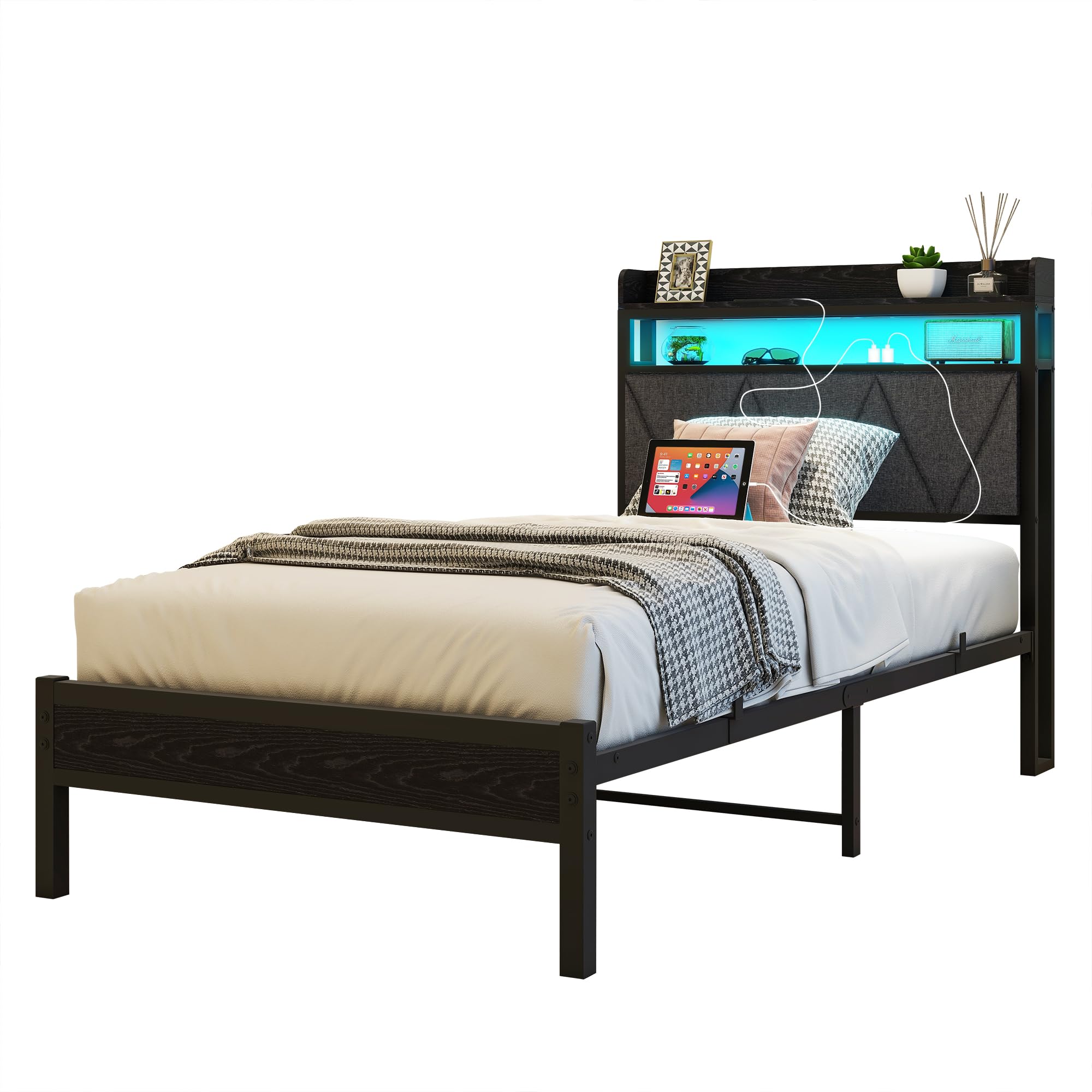 VERFARM Twin Size Bed Frame with LED Lights Storage Upholstered Headboard and USB Charging Station, Heavy Duty Metal Single Platform Bed Frame Twin Size, No Box Spring Needed, Easy Assembly