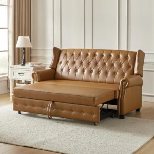 hulala home 74" leather couch with pull out bed, convertible sofa bed couch with nailhead arms and tufted back, sleeper loveseat sofa for bedroom small spaces, living room, office, camel