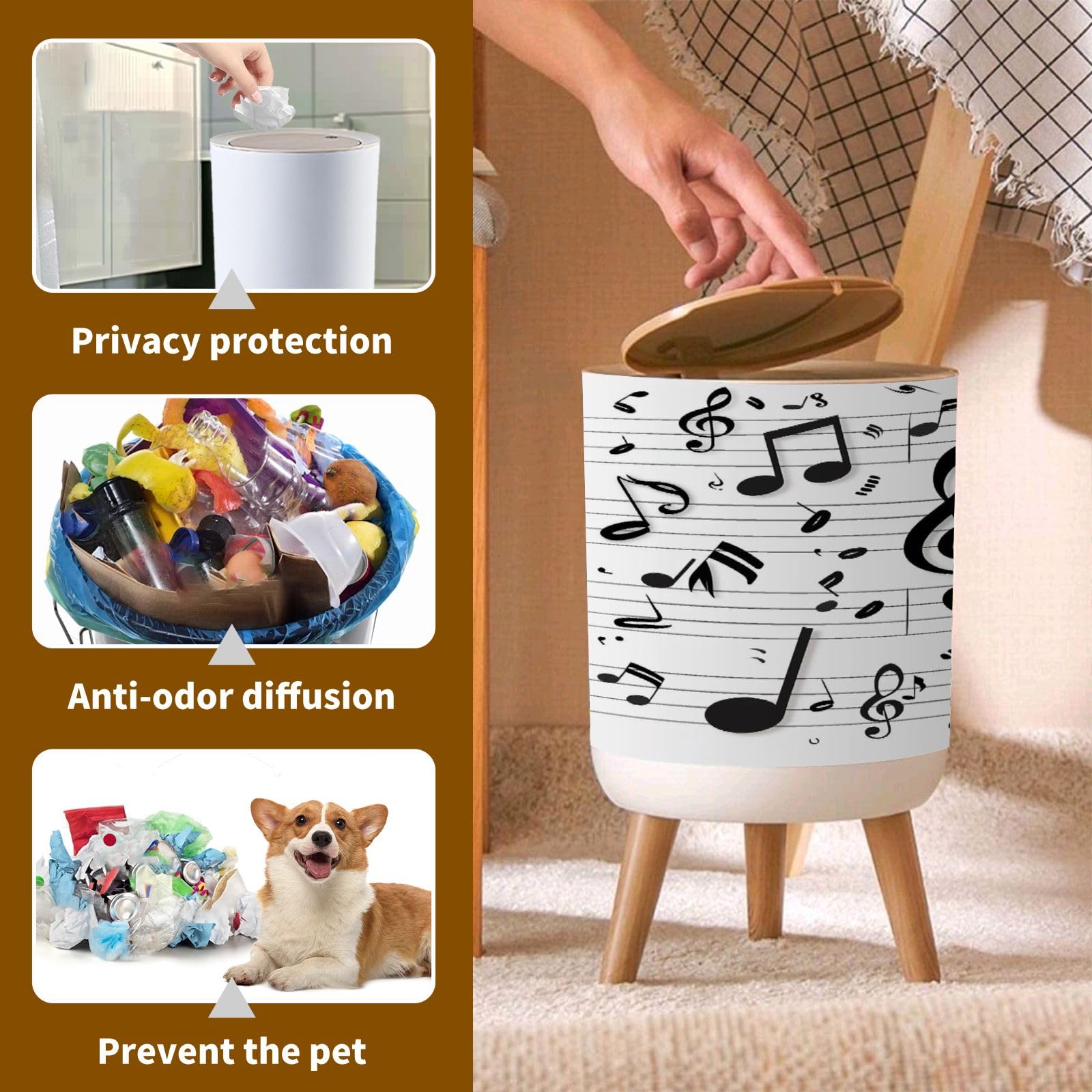 PHAIBHKERP Trash Can with Lid misic Set Abstract Music Various Music Notes Garbage Can Round Waste Bin Press Cover Dog Proof Wastebasket for Kitchen Bathroom Living Room Nursery 1.8gal, ljt