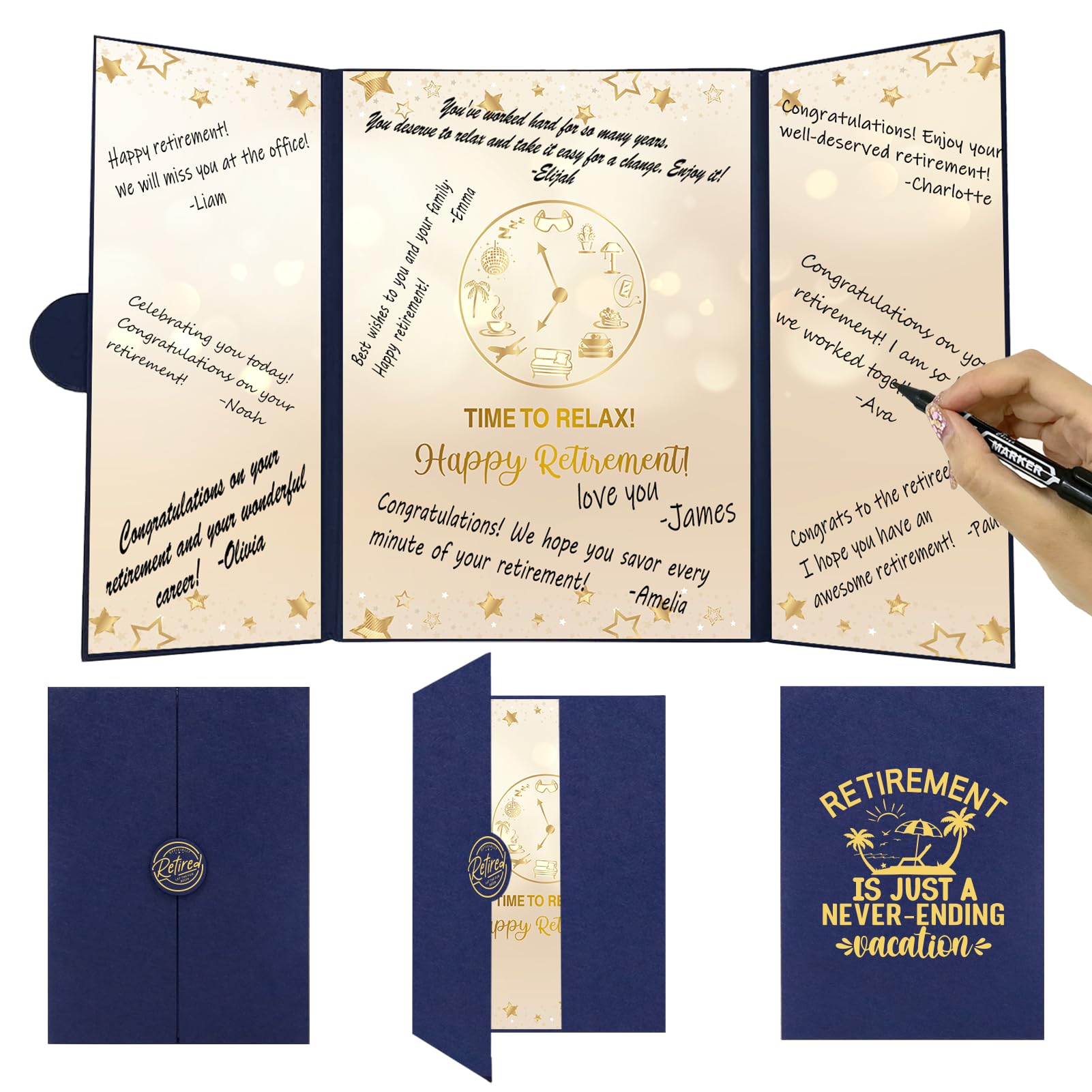 Trgowaul Retirement Party Decorations, Happy Retirement Guest Book Alternative, Blue Gold Happy Retirement Signature Book, Funny Card Congrats Retired Party Supplies Gifts Sign for Men Women Coworkers