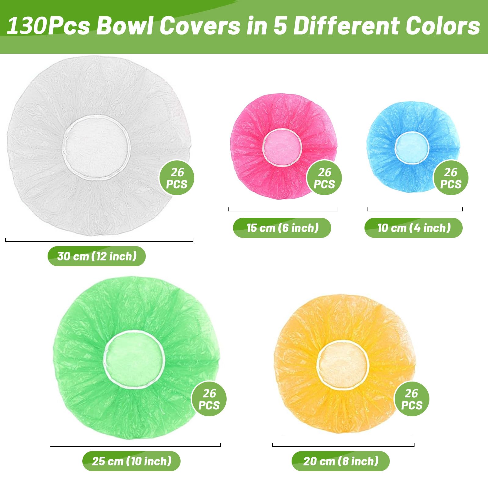 130Pcs Reusable Elastic Food Bowl Storage Covers, Sublaga Bowl Covers, Variety of 5 Translucent Stretchable Sizes and Colorful Dish Plate Covers, Alternative to foil, Plastic Wrap,BPA Free