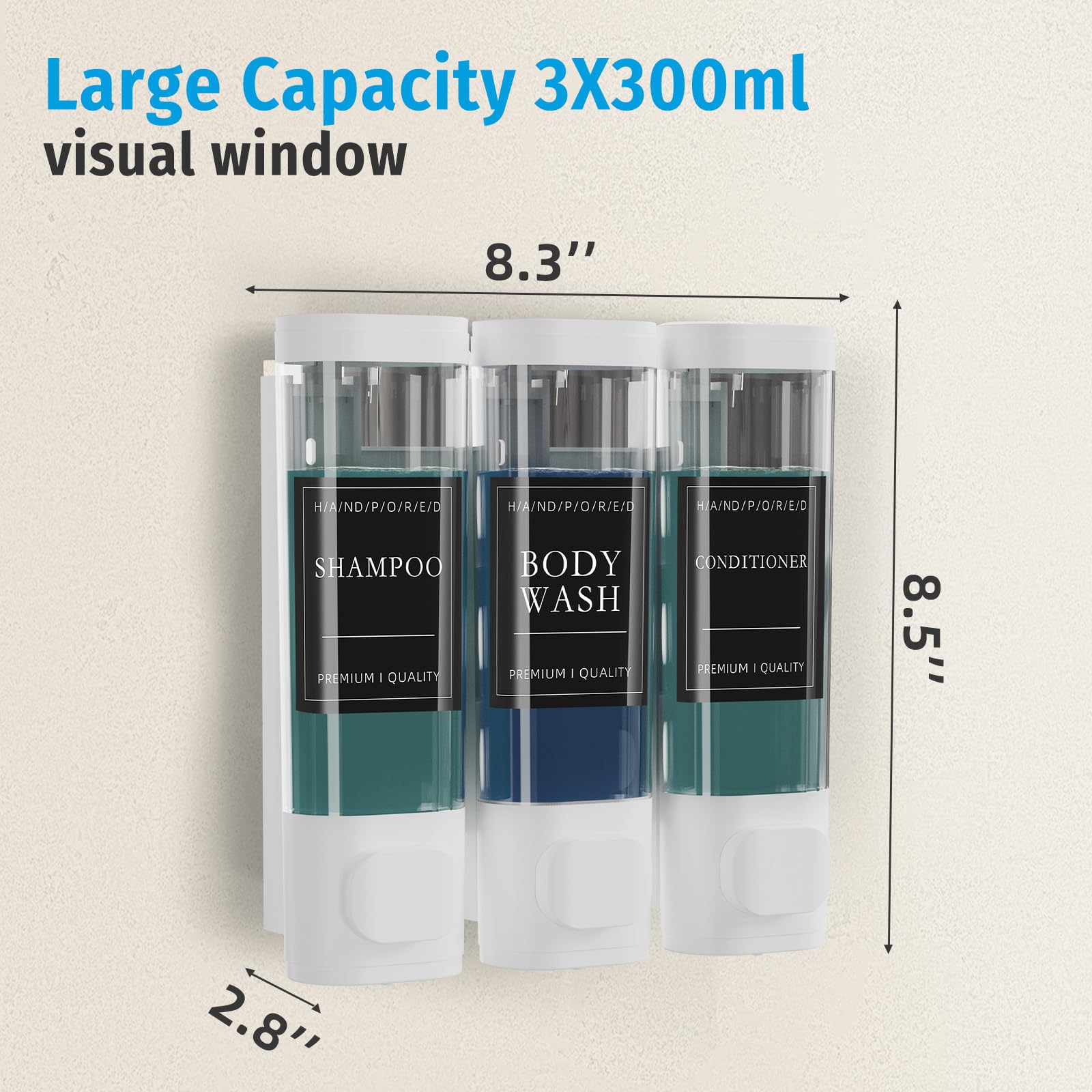 Xlxker Shower Soap Dispenser Wall Mounted No Drill, 3 Chamber Shampoo and Conditioner Dispenser for Bathroom Hotel Large Capacity