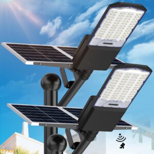 2-pack 5000w solar street lights outdoor - led 180000lm waterproof dusk to dawn flood lights with motion sensor, 6700k solar parking lot lights ideal for commercial & security outdoor lighting