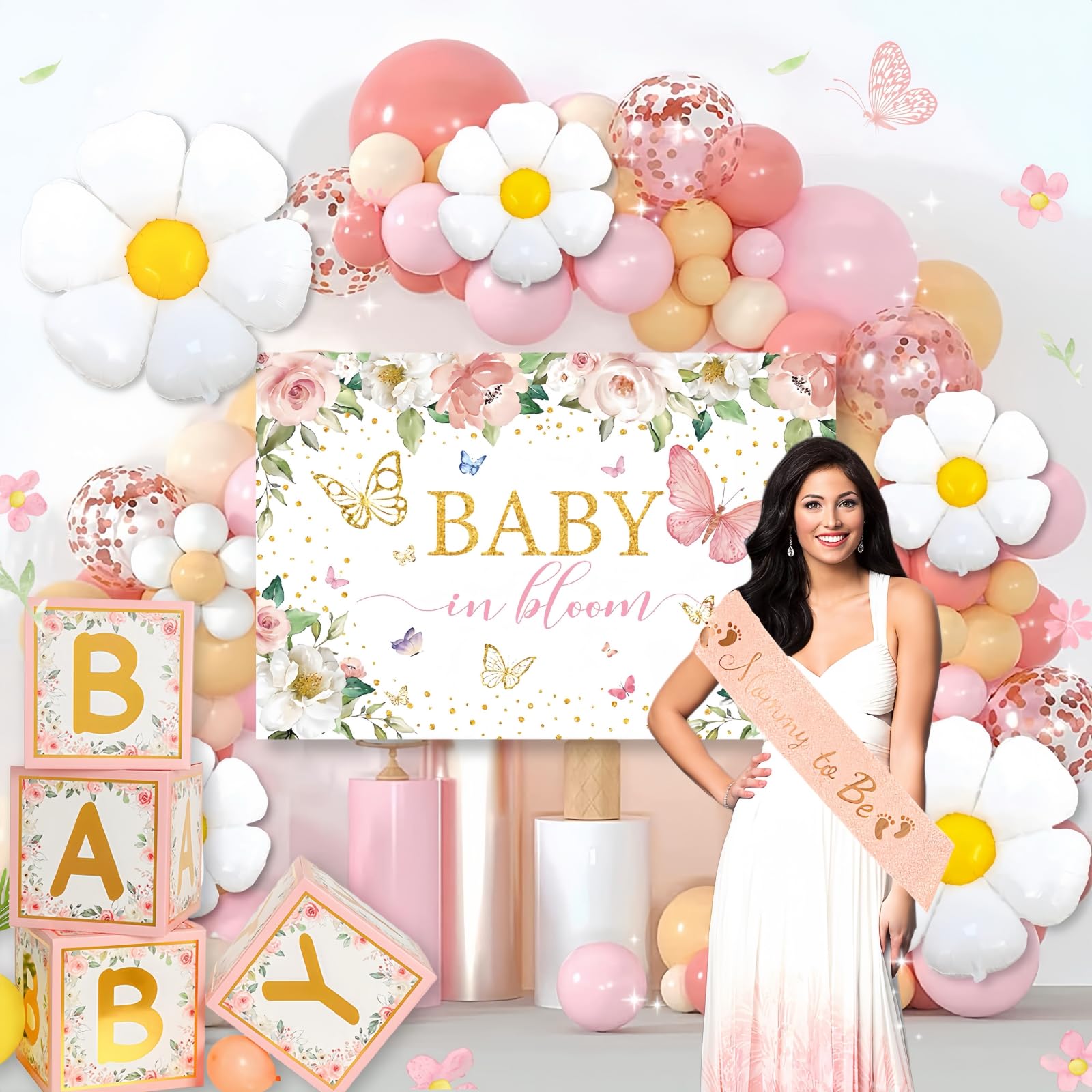 Daidle Baby in Bloom Shower Decorations, Girl Baby Shower Decorations Set with Cake Topper & Backdrop & Mom to Be Sash & Baby Box & Balloon Arch Kit, Floral Party Decorations, Pink Theme Decor