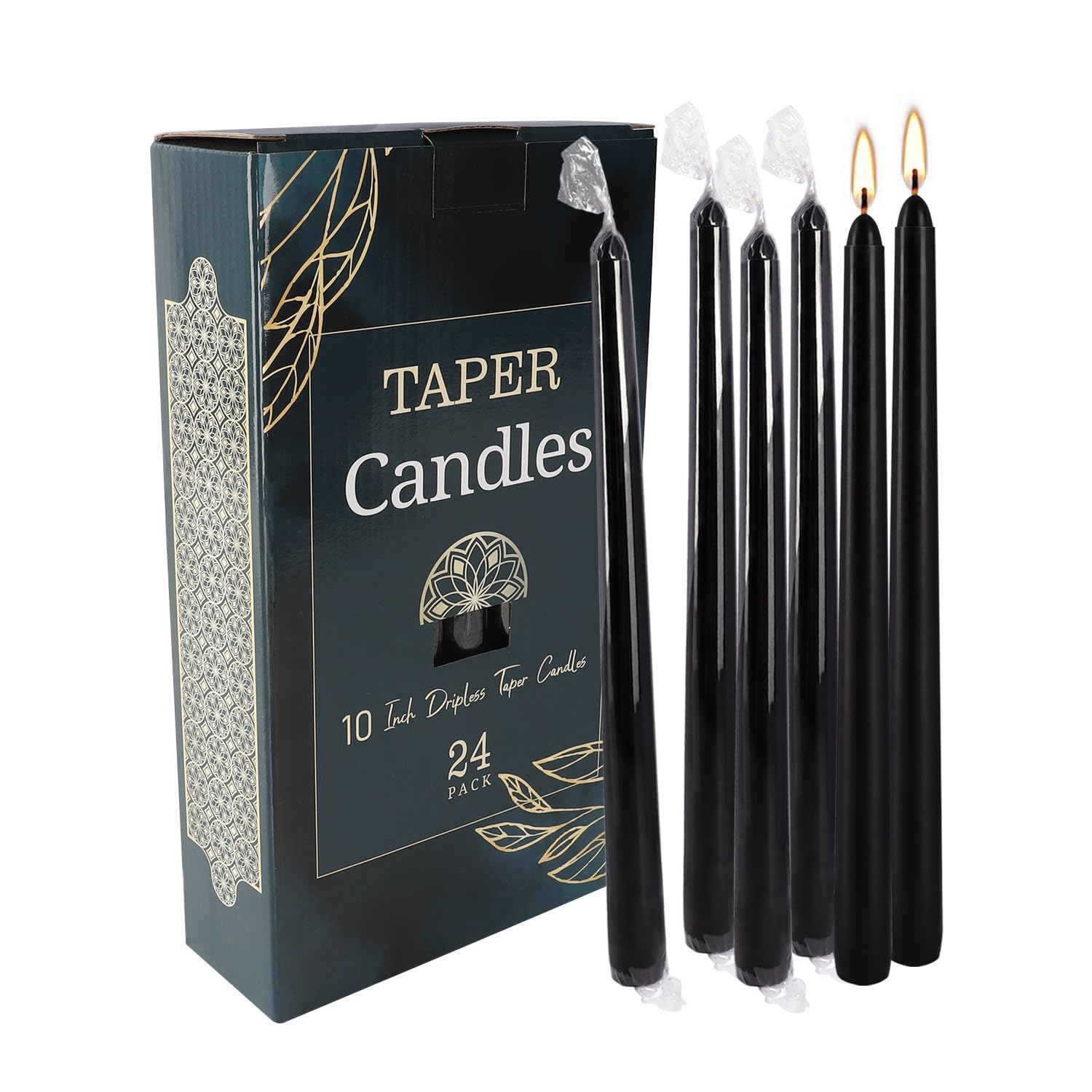 Black Taper Candles - Set of 24 Dripless Candles - 10 inch Tall, 3/4 inch Thick - 7.5 Hour Clean Burning