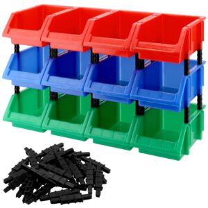 hoigon 12 pack garage storage tool bin, 7.09 x 4.72 x 3.15 inch plastic hanging stacking stackable organizer storage rack for hardware tools organization, workshop, small parts, green blue red