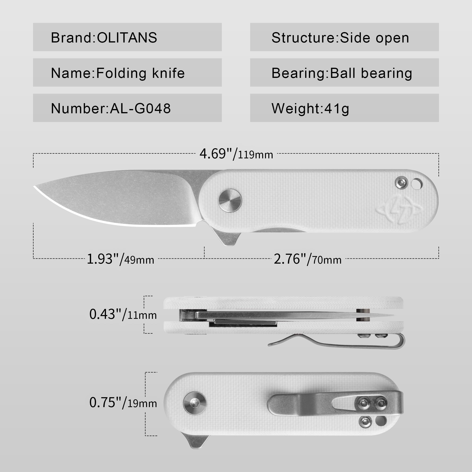 OLITANS G048 Mini Folding Knife 1.93" D2 Blade White G10 Handle, Small Folding Knife with Deep Carry Pocket Clip For EDC（White）