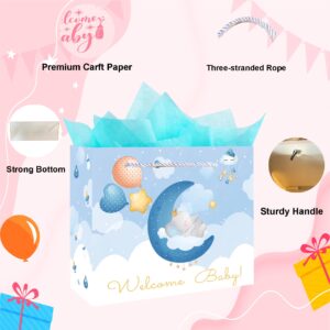 GFInYHM 13" Baby Boy Gift Bag for Baby Shower or Birthday with Handle, Tissue Paper and Greeting Card (Elephant)