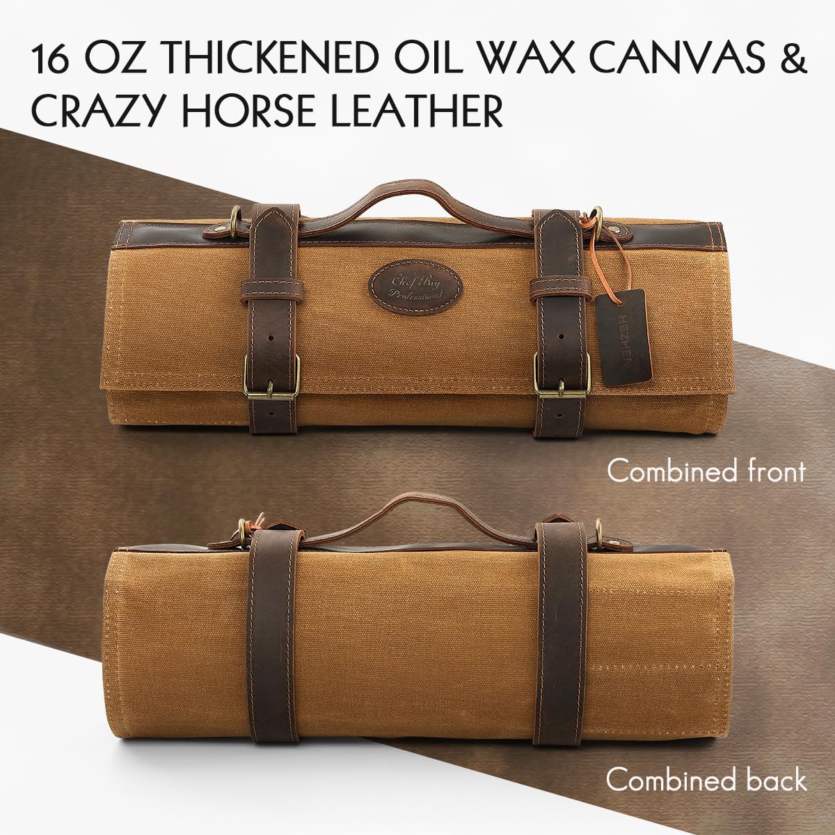 Chef Knife Roll Bag 16oz Oil Waxed Canvas with Cazy Horse Leather, 12 Slots & 2 Zipper Pockets, Portable Backpack Knife Case Storage, Detachable Adjustable Shoulder Strap Belt(Not Included Knives)