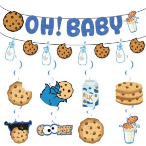 milk and cookies baby shower banner, oh baby blue banner cookies milk party hanging swirls milk and cookies baby shower party supplies