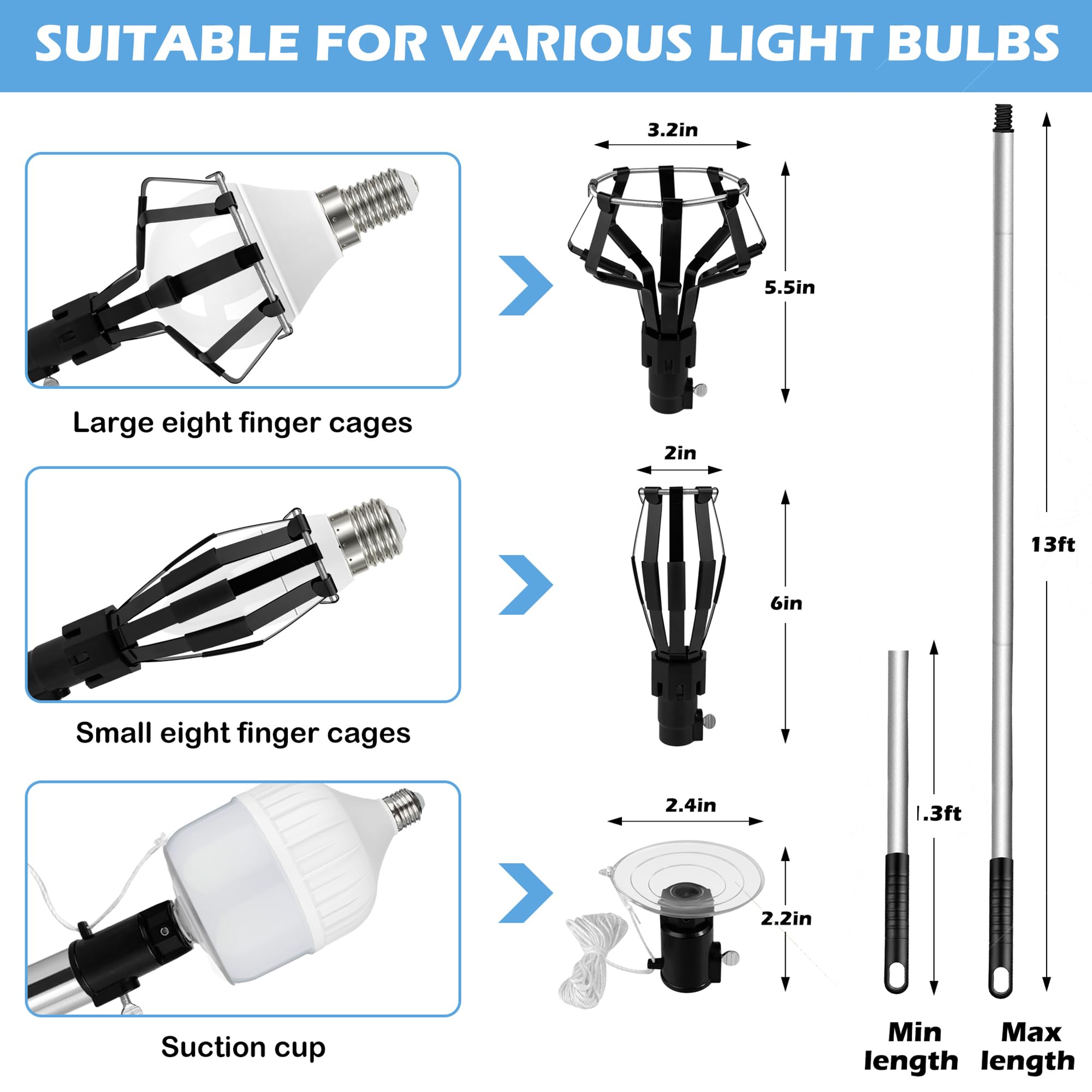 Light Bulb Changer for High Ceilings - 13FT Light Bulb Changer Kit with Extension Pole Light Bulb Changer with Baskets and Suction Cup Light Bulb Removal Tool for High Ceilings and Recessed Lights