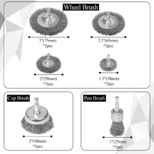 15 Pack Wire Brush for Drill Set,Wheel Brush,Cup Brush, Pen Brush Set for Drill 1/4 Inch Hex Shank,Coarse Crimped Carbon Steel Wire Wheel for Remove Paint,Rust