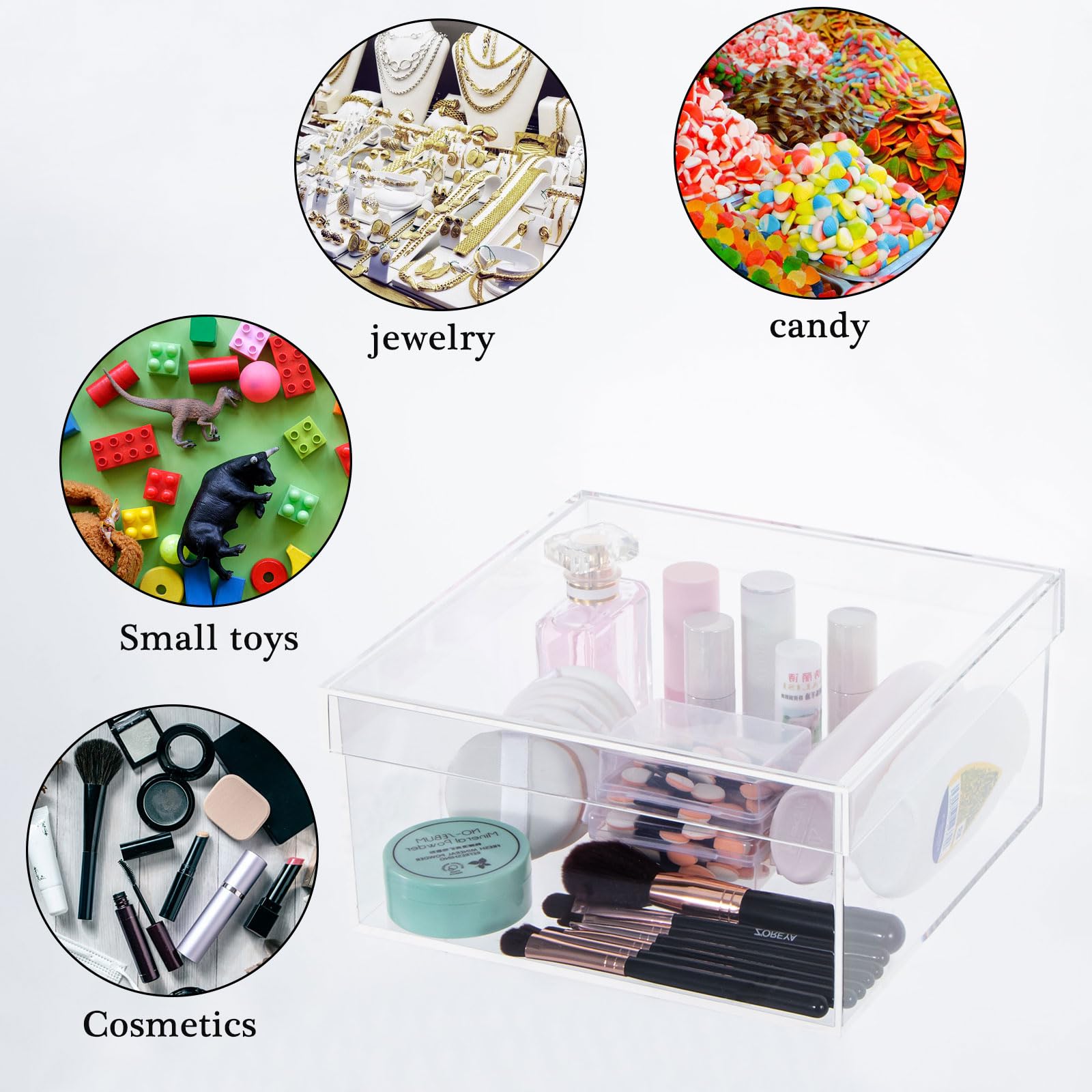 Yeeco Clear Acrylic Boxes with Lid Acrylic Storage Cube Containers with Lids, Plastic Square Boxes 7.92×7.92×3.93 Inches for Candy, Cotton Ball, Beads, Tiny Arts, Watches, Earring, Cosmetics