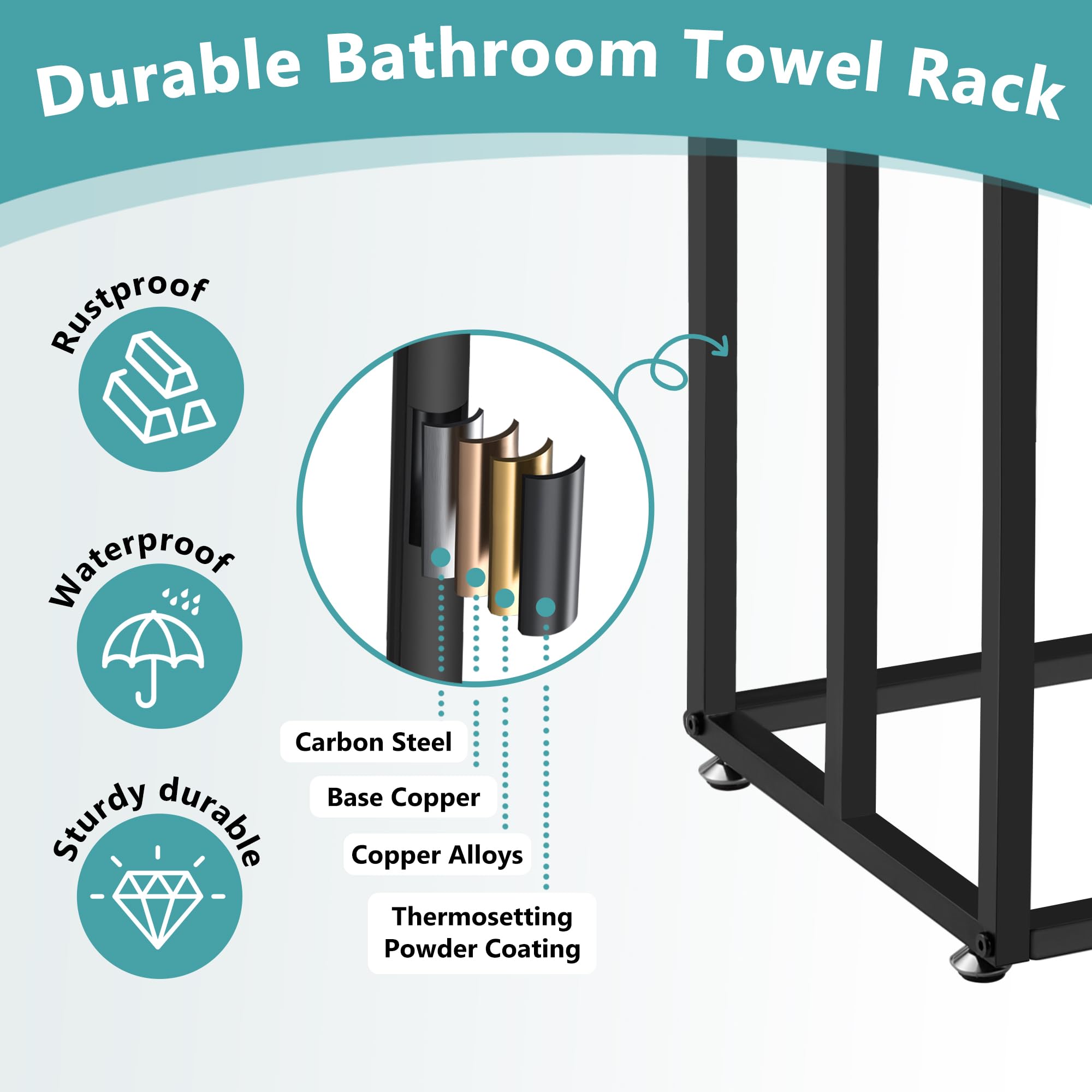 Free Standing Towel Rack, 39 Inch Tall Floor Towel Racks for Bathroom, 3 Tier Freestanding Outdoor Pool Towel Drying Rack Stand, Blanket Holder Storage, Black, ALHAKIN