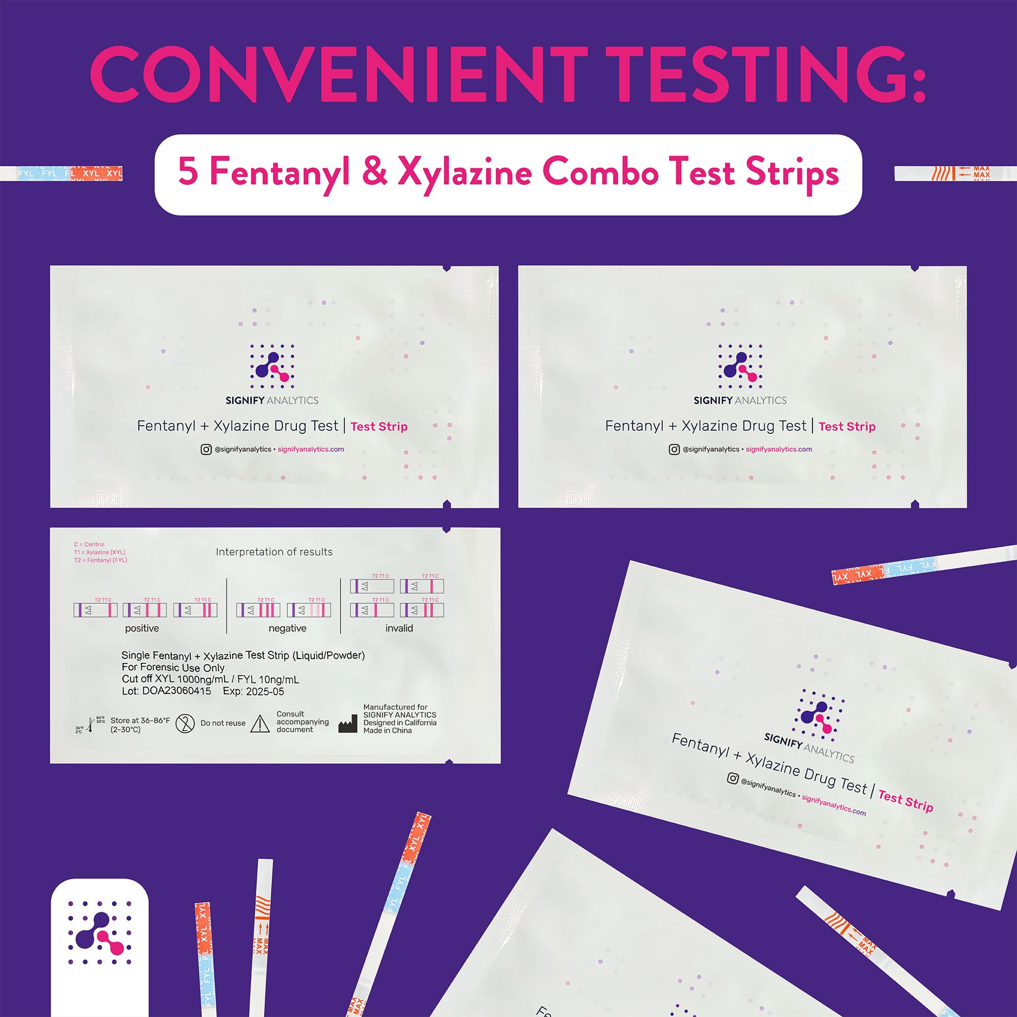 Signify Analytics Xylazine and Fentanyl Test Strip for Liquid and Powder Substances - 5 Pack (5 Test Strips) - Fast, Easy and Simple to Use Forensic Test, White