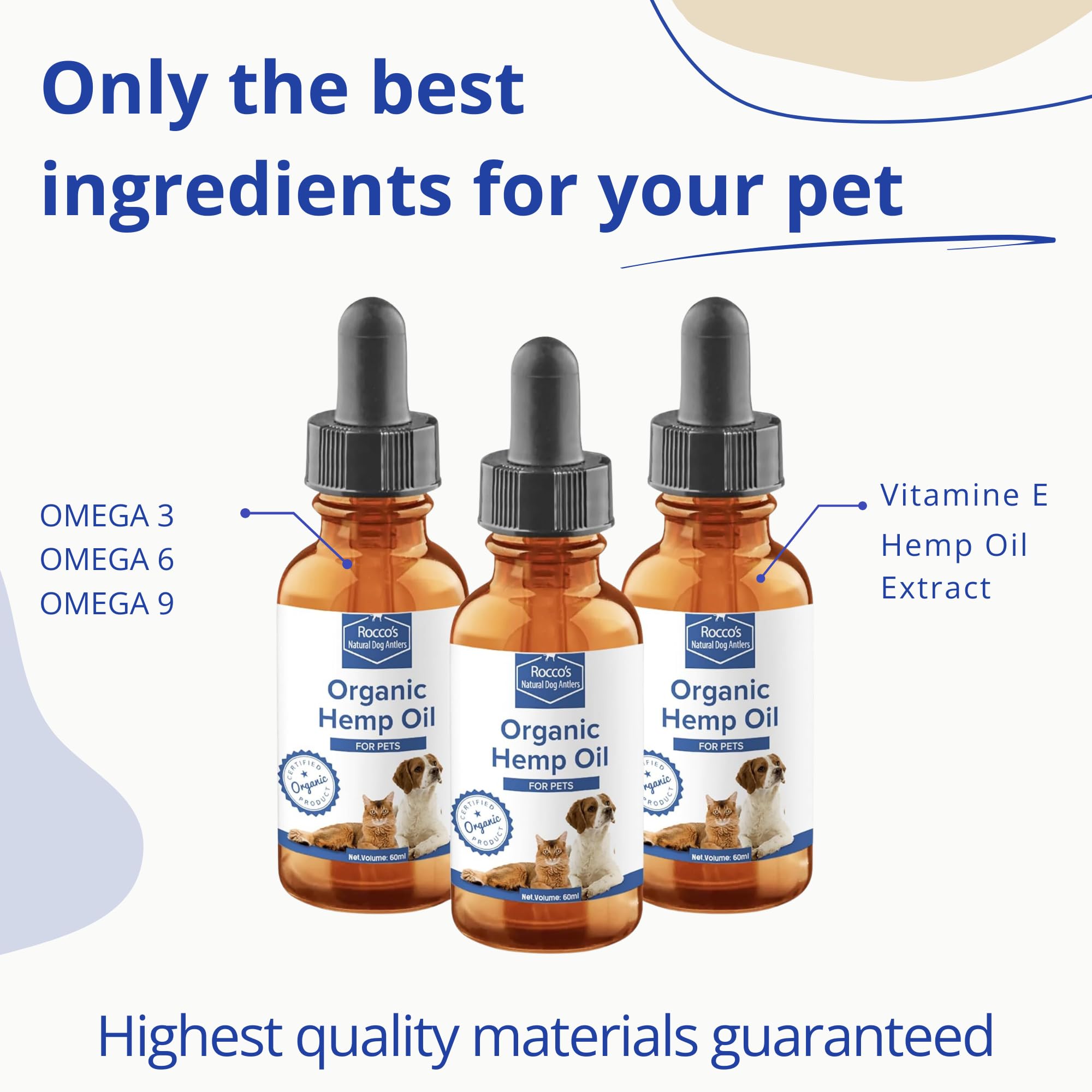 3-Pack - Rocco’s Natural Organic Hemp Oil for Dogs & Cats - Hemp Oil for Supporting Anxiety Relief, Hip & Joint Health, Pain, & Stress - Easy to Use, Hemp Oil for Pets with Omega 3, 6 & 9