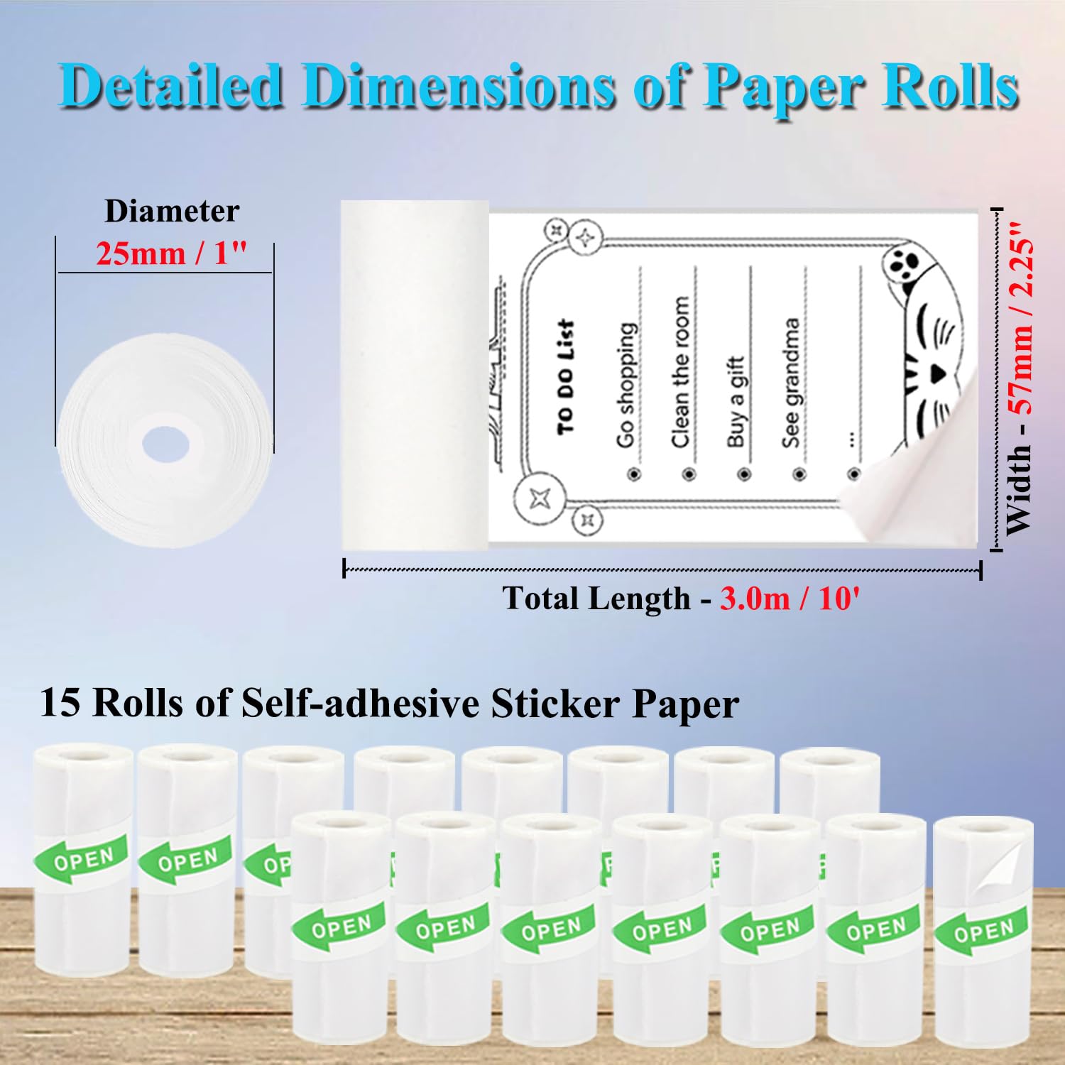 Vicbear 15 Rolls Mini Printer Sticker Paper, Thermal Sticker Paper for Mini Printer Sticker Maker, Self-Adhesive Mini Sticker Printer Paper, 57 x 25 mm, Compatible with Most Mini Receipt Printers