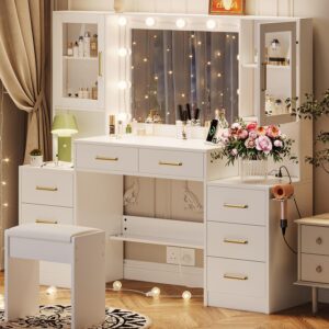 58.3" Large Vanity Desk with Mirror & Lights, Makeup Vanity with 10 LED Lights, 8 Metal Sliding Drawers & 2 Cabinets, White Vanity Set with Stool & Power Outlet 3 Lighting Modes Adjustable Brightness