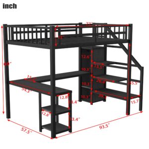 Full Size Loft Bed with Desk and Storage Stairs,Metal Full Loft Bed Frame with Wardrobe and Shelf, High Loft Bed with LED Light and USB Charging Station for Kids, Teens, Adults, Black