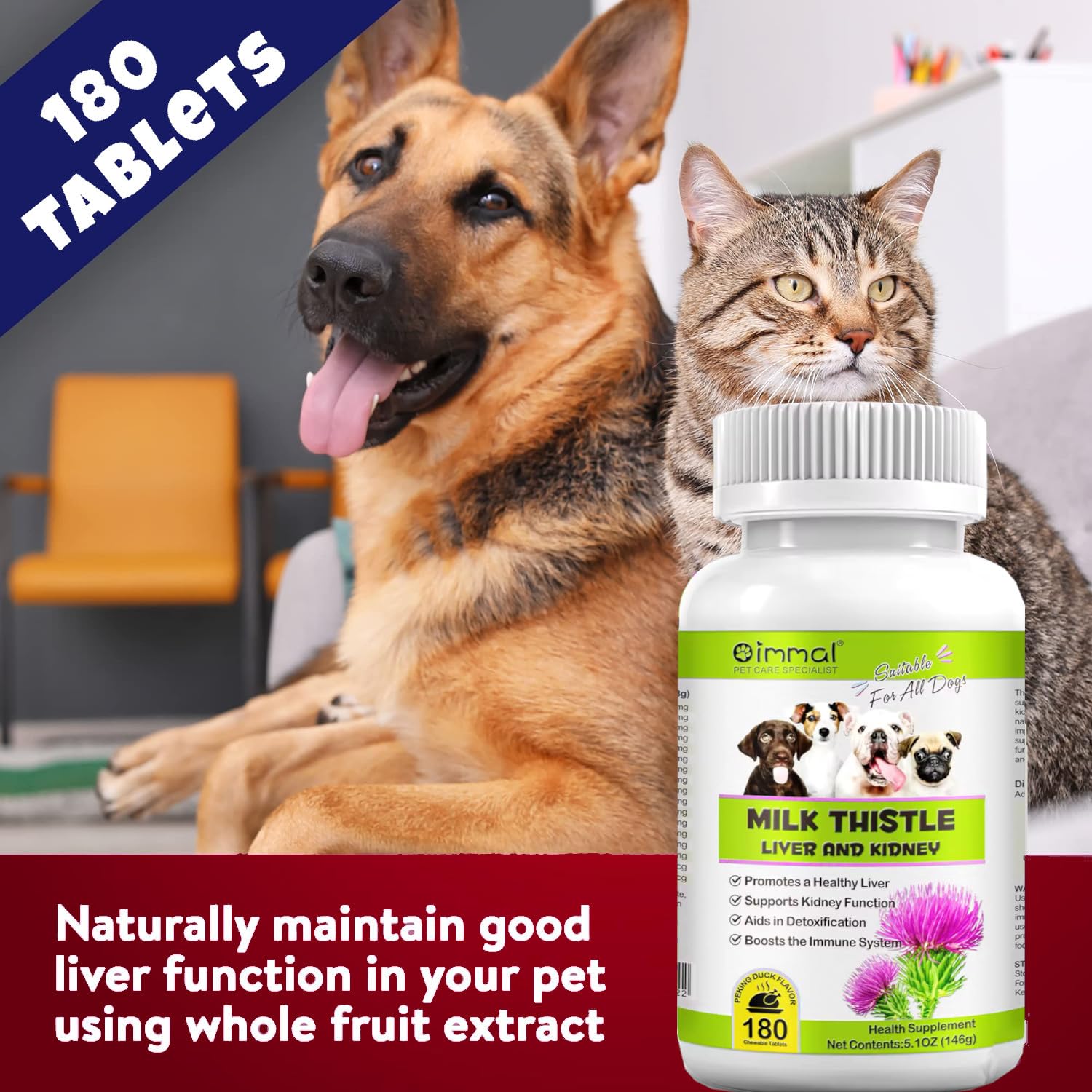 Milk Thistle for Dogs - 180 Chewable Tablets - Canine Liver and Kidney Support Supplement for Dogs - Detox for Dogs - Liver Supplement for Dogs