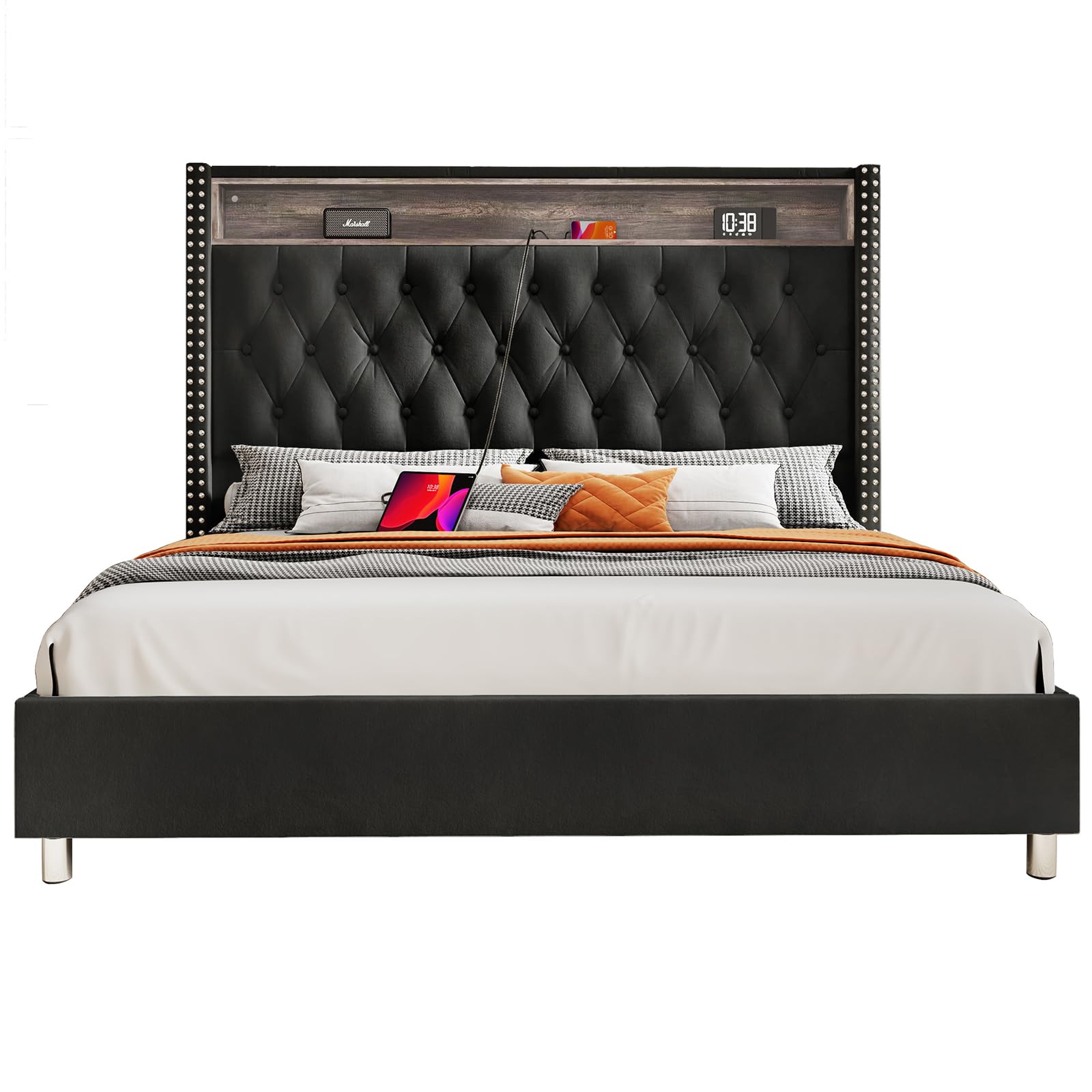 Jocisland Queen Size Bed Frame 53.6'' Tall Headboard LED Lights and Charging Station, Velvet High Upholstered Platform Bed Wingback Storage, No Box Spring Needed, No Motion Light Under Bed, Black