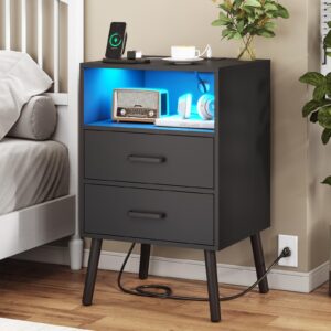 diliplain nightstand with charging station, black night stand with led lights, modern side table with drawers and open shelf, end table with solid wood legs for bedroom