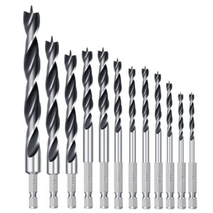 brad point drill bit set 12pcs (1/8" - 1/2") hex drill bit set with double flutes design for hardwood, plywood, plastic round holes in all types of wood