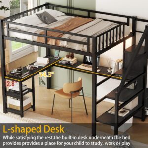 Full Size Loft Bed with Desk and Storage Stairs,Metal Full Loft Bed Frame with Wardrobe and Shelf, High Loft Bed with LED Light and USB Charging Station for Kids, Teens, Adults, Black