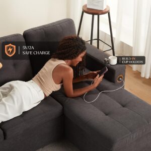 VanAcc Sofa Bed, Sleeper Sofa with USB Charging Ports, L-Shaped Couch with Storage, Pull Out Couch for Living Room, Grey Linen