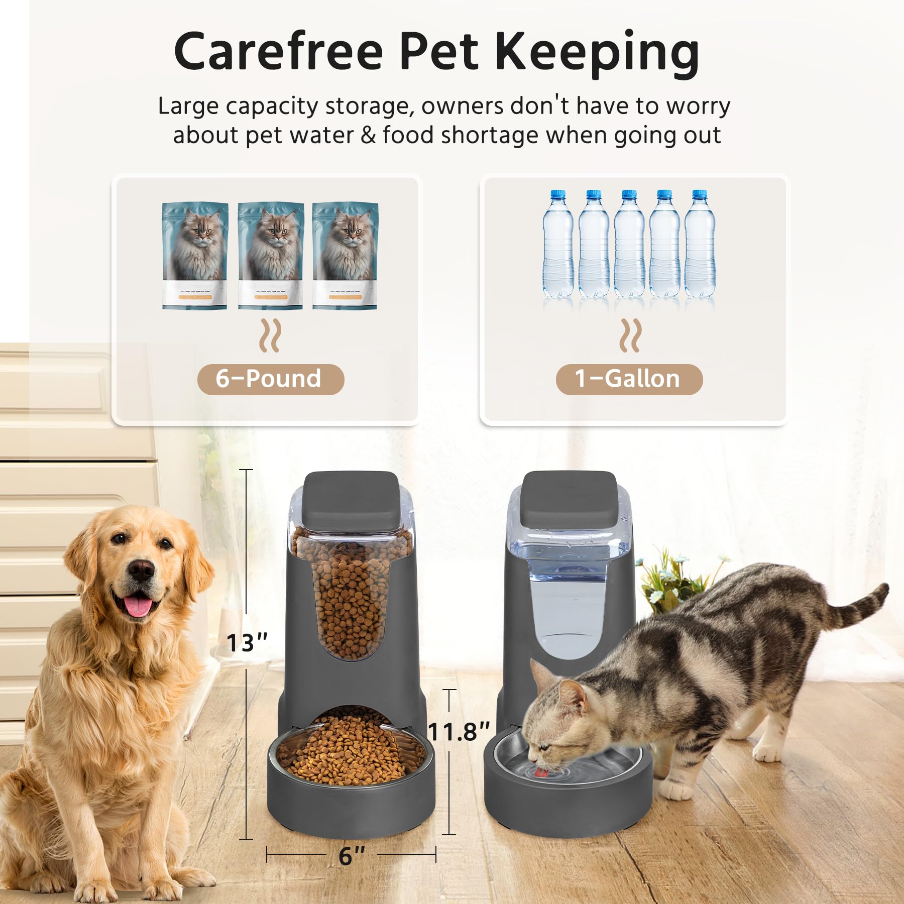 2 Pack Automatic Cat Feeder and Stainless Steel Water Dispenser, Gravity Dog Waterer Set Food Feeder and Waterer Set for Small Medium Kitten Puppy Pets(1 Gallon x 2, Charcoal Gray)