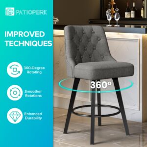 PatioPerk Modern Swivel Bar Stools with Back, 26" H Seat Set of 1, 360 Rotation Counter Height Bar Stools, Retro Upholstered Barstools for Kitchen Island with Solid Wood Legs, Linen Fabric, Gray