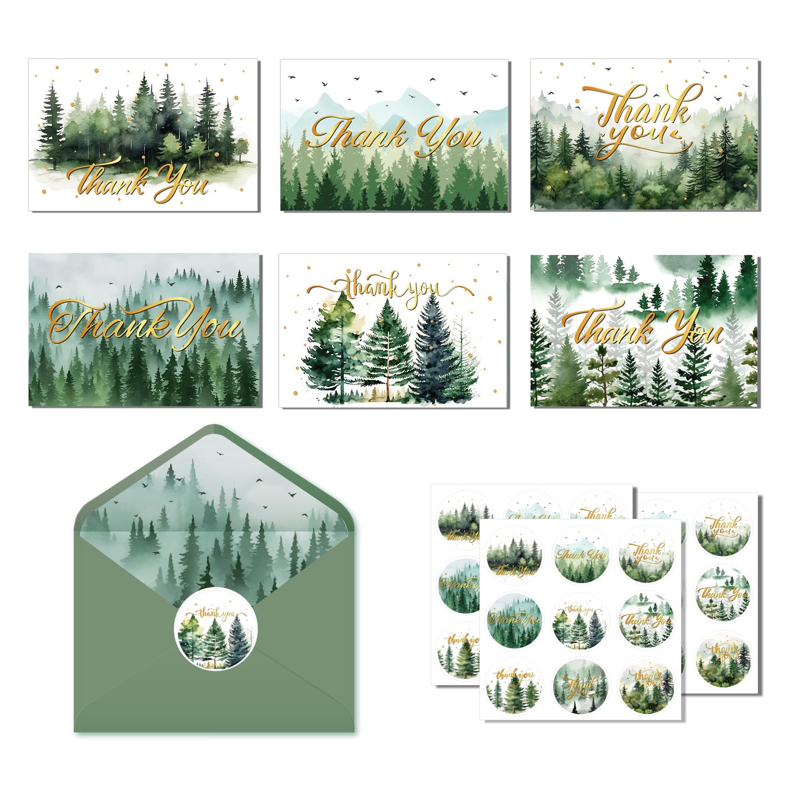 LOONELO Thank You Greeting Cards, 24 Set Forest Thanks Cards with Envelopes & Stickers, 6 Designs Mountains Landscape Appreciate Cards Bulk for Birthday, Baby Shower, Wedding, Gratitude Appreciation