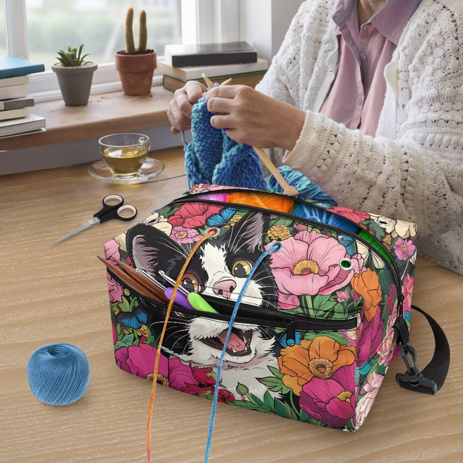 Kathyboom Cat Flowers Yarn Storage Bag Knitting Bag Crochet Bag Organizer, Large Capacity Yarn Bag for Knitting Accessories, Crochet Hooks, Knitting Needles