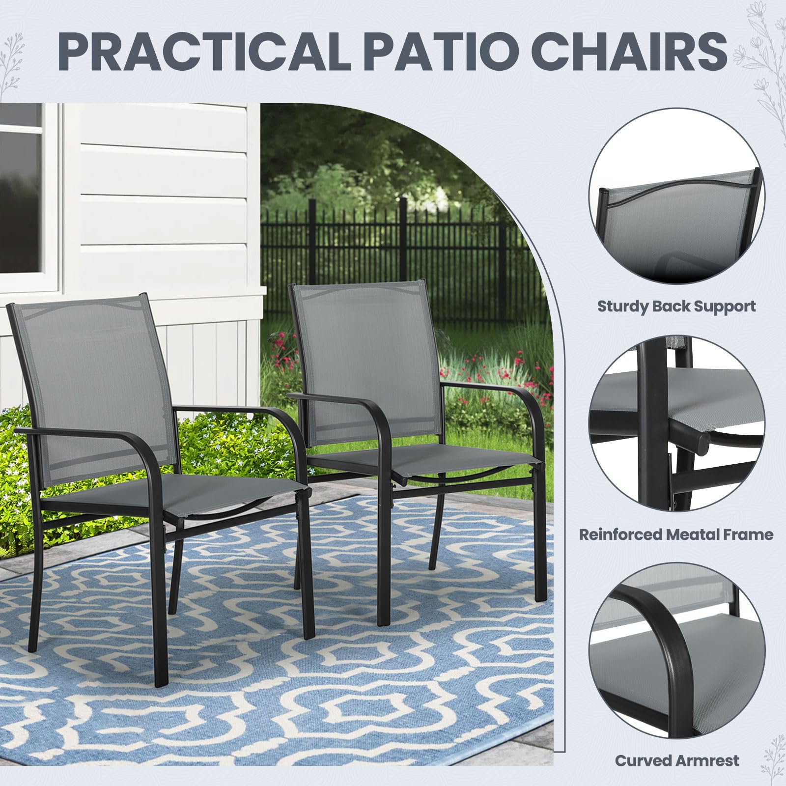 Incbruce Patio Chairs Set of 4, Textilene Fabric, Outdoor Dining Chairs Made of Steel Materials for Garden, Backyard, Lawn（Grey）