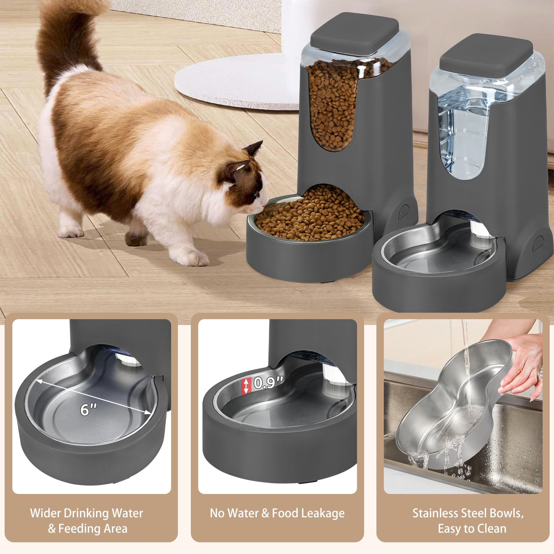 2 Pack Automatic Cat Feeder and Stainless Steel Water Dispenser, Gravity Dog Waterer Set Food Feeder and Waterer Set for Small Medium Kitten Puppy Pets(1 Gallon x 2, Charcoal Gray)