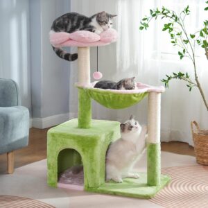 pawfessor flower cat tree 4 in 1 cat scratching post for indoor cats 34" small cat tower for large cats, with full scratch posts,15.7”large hammock, removable perch and wide condo for indoor cats-pink