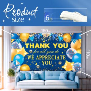 Thank You Banner Backdrop Stand - Reusable We Appreciate You Banner for Staff Appreciation Gifts Ceremony - Gold Blue Teacher Appreciation Decorations - Volunteer Appreciation Decorations - Durable Fabric