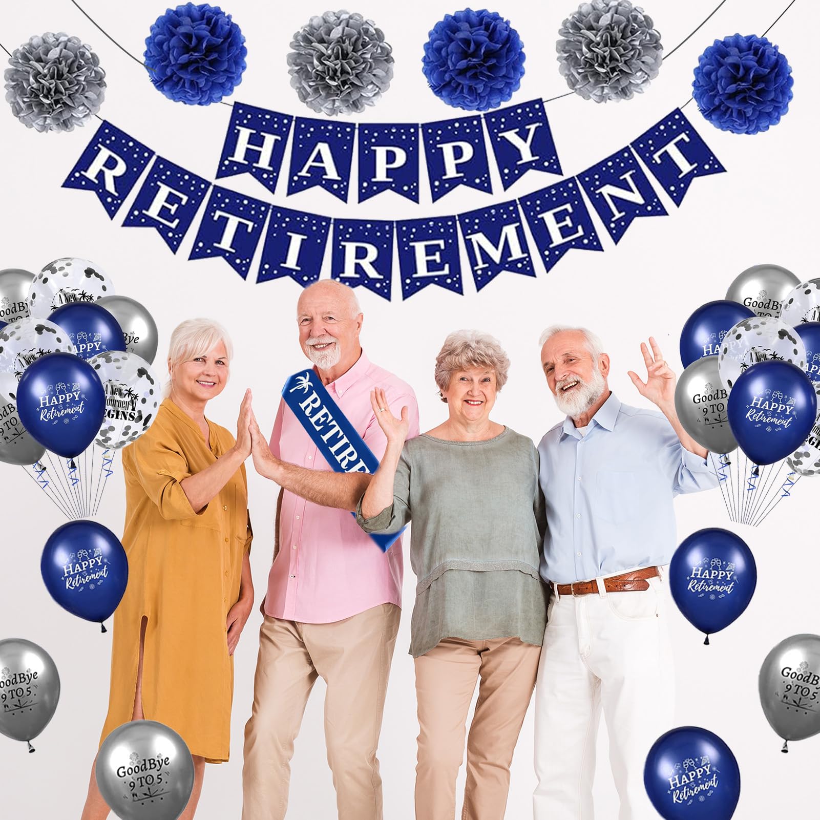 Roetyce Retirement Party Decorations for Men Women, 32PCS Blue Silver Happy Retirement Banner Balloons Honeycomb Cake Topper Pompoms Kit, Blue Retired Sash for Coworker, Office Retirement Supplies