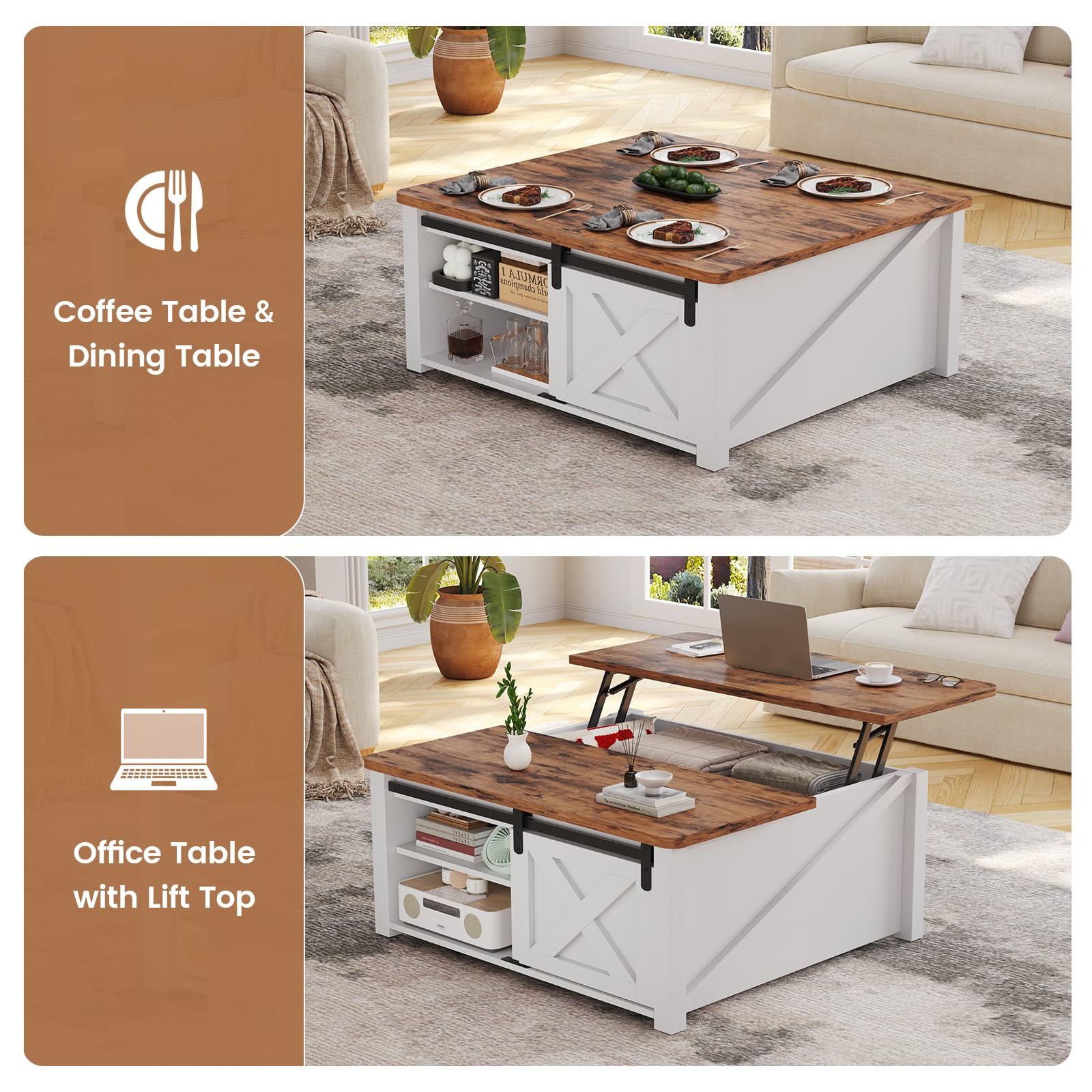 SEDETA 31.5" Lift Top Coffee Table with Storage, Square Coffee Table for Living Room, Farmhouse Coffee Table with Large Hidden Storage Compartment and Adjustable Shelves, White