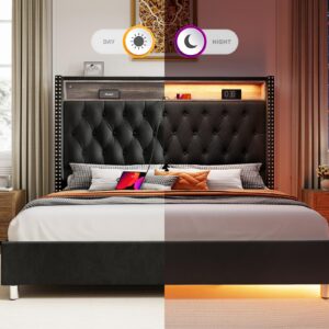 Jocisland Queen Size Bed Frame 53.6'' Tall Headboard LED Lights and Charging Station, Velvet High Upholstered Platform Bed Wingback Storage, No Box Spring Needed, No Motion Light Under Bed, Black