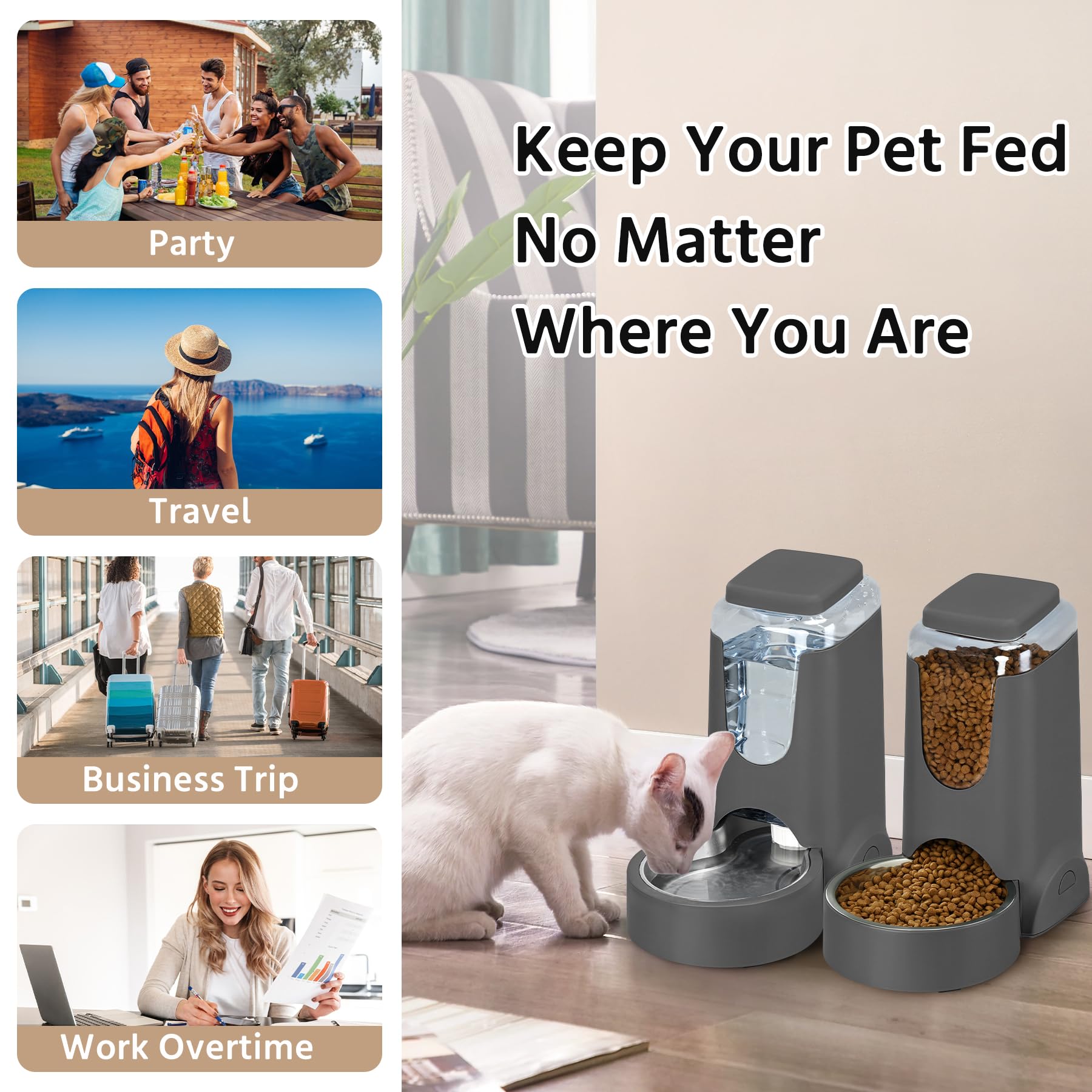 2 Pack Automatic Cat Feeder and Stainless Steel Water Dispenser, Gravity Dog Waterer Set Food Feeder and Waterer Set for Small Medium Kitten Puppy Pets(1 Gallon x 2, Charcoal Gray)