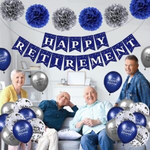 Roetyce Retirement Party Decorations for Men Women, 32PCS Blue Silver Happy Retirement Banner Balloons Honeycomb Cake Topper Pompoms Kit, Blue Retired Sash for Coworker, Office Retirement Supplies