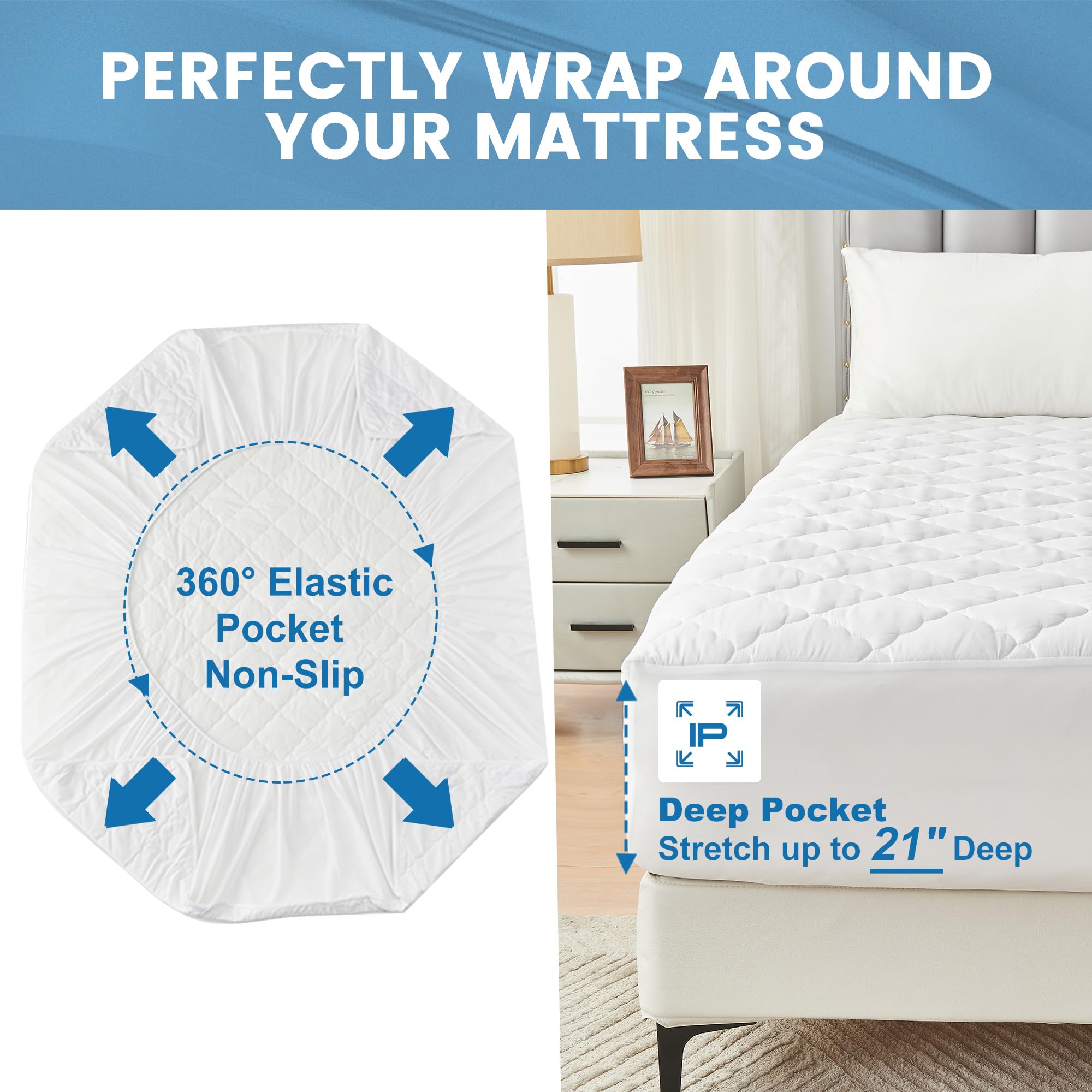 QUIETSEA Queen Mattress Pad Waterproof Queen Mattress Protector Breathable Soft, Noiseless Quilted Fitted Mattress Cover Fits up to 21" Deep, 60"x80"