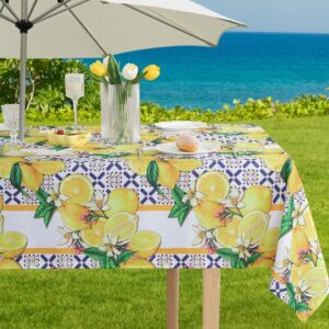 sastybale outdoor tablecloth with umbrella hole, stain resistant summer lemon table cloth geometric vintage pattern, washable patio table cover for party picnic dinner decor (rectangle, 60" x 84")