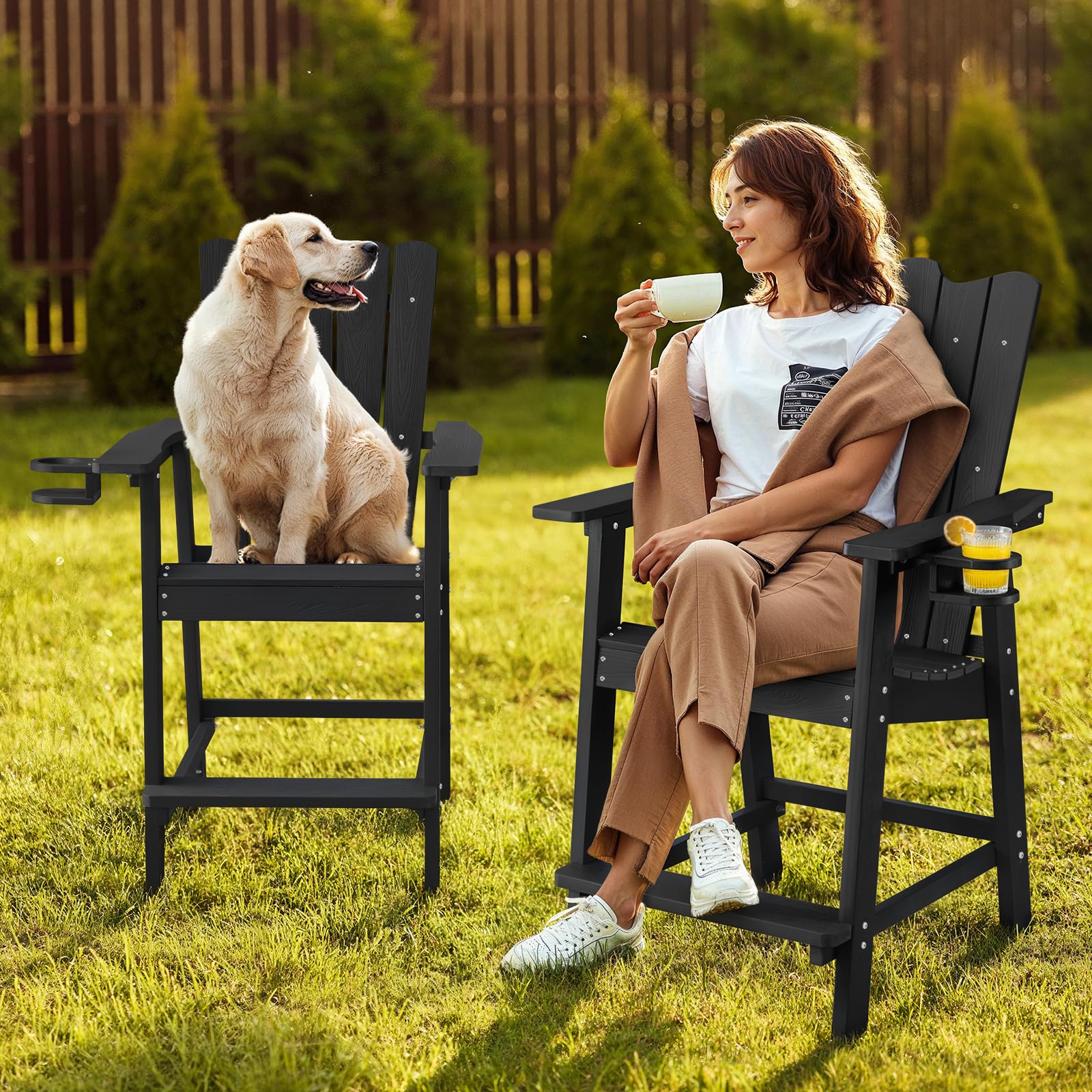 ONBRILL Tall Balcony Chair Set of 2, Patio Adirondack Chairs with Removable Connecting Trays, Outdoor Adirondack Barstools with Cup Holder and Umbrella Hole, Bar Height Chair Perfect for Patios, Black