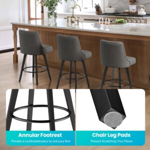 PatioPerk Modern Swivel Bar Stools with Back, 26" H Seat Set of 1, 360 Rotation Counter Height Bar Stools, Retro Upholstered Barstools for Kitchen Island with Solid Wood Legs, Linen Fabric, Gray