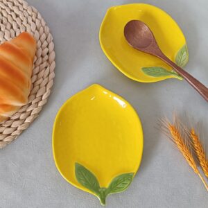 Ceramic Spoon Rest for Stove Top, Cute Spoon Rest for Kitchen Counter, Cooking Spoon Holder for Kitchen Counter, Utensil Rest for Spoon Spatula Ladle or Tong (Yellow Lemon)