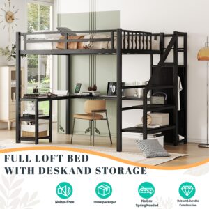 Full Size Loft Bed with Desk and Storage Stairs,Metal Full Loft Bed Frame with Wardrobe and Shelf, High Loft Bed with LED Light and USB Charging Station for Kids, Teens, Adults, Black